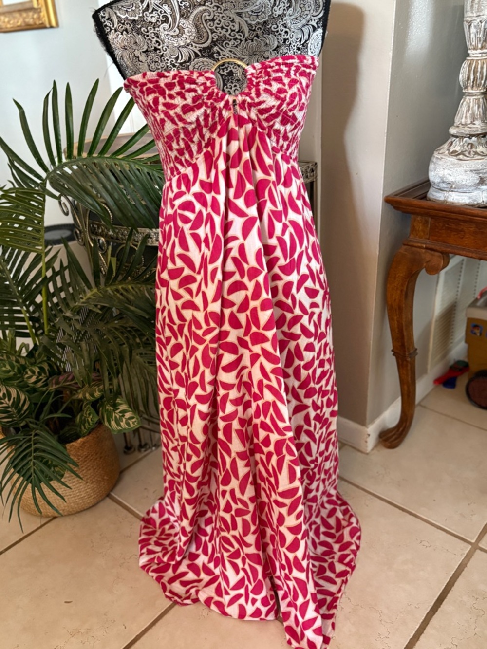 Tricia Fix Strapless Pink and White Leaf-Print Maxi Dress
